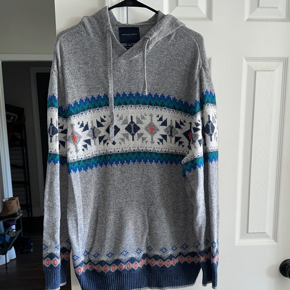 American Eagle Outfitters Gray Hoodie with Blue and Green Patterns